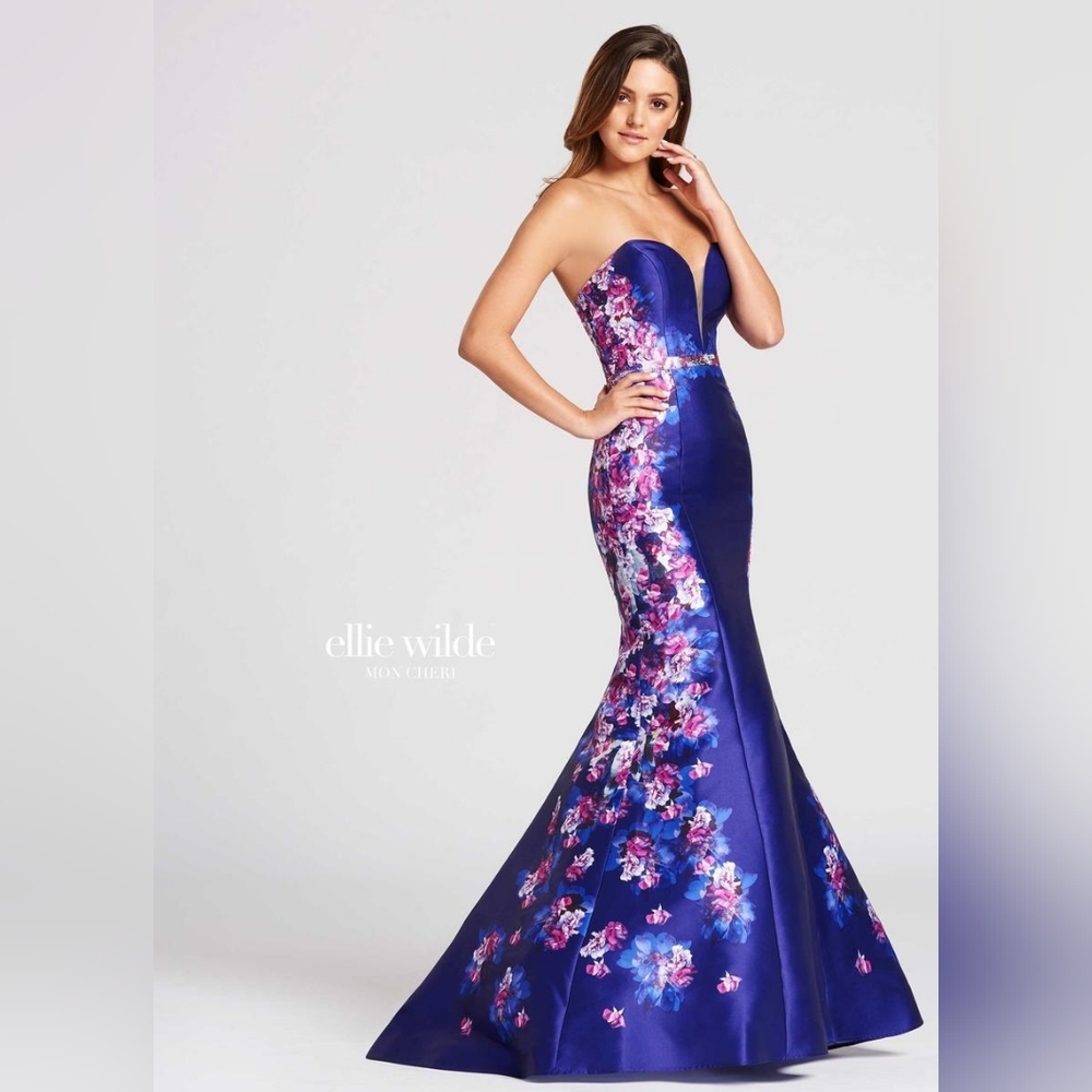 ELLIE WILDE BY MON CHERI Mermaid Bustier Prom Purple Floral Dress Size 4 - Picture 3 of 4